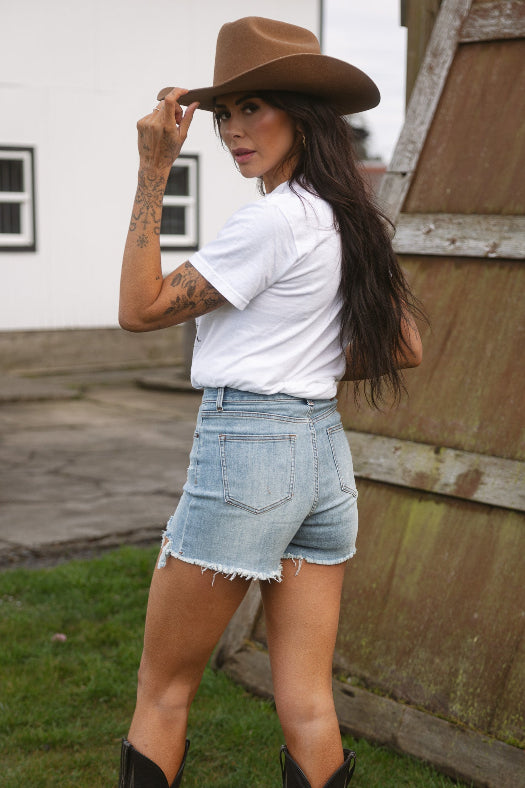 On The Go Medium Wash Distressed Shorts – High Rise
