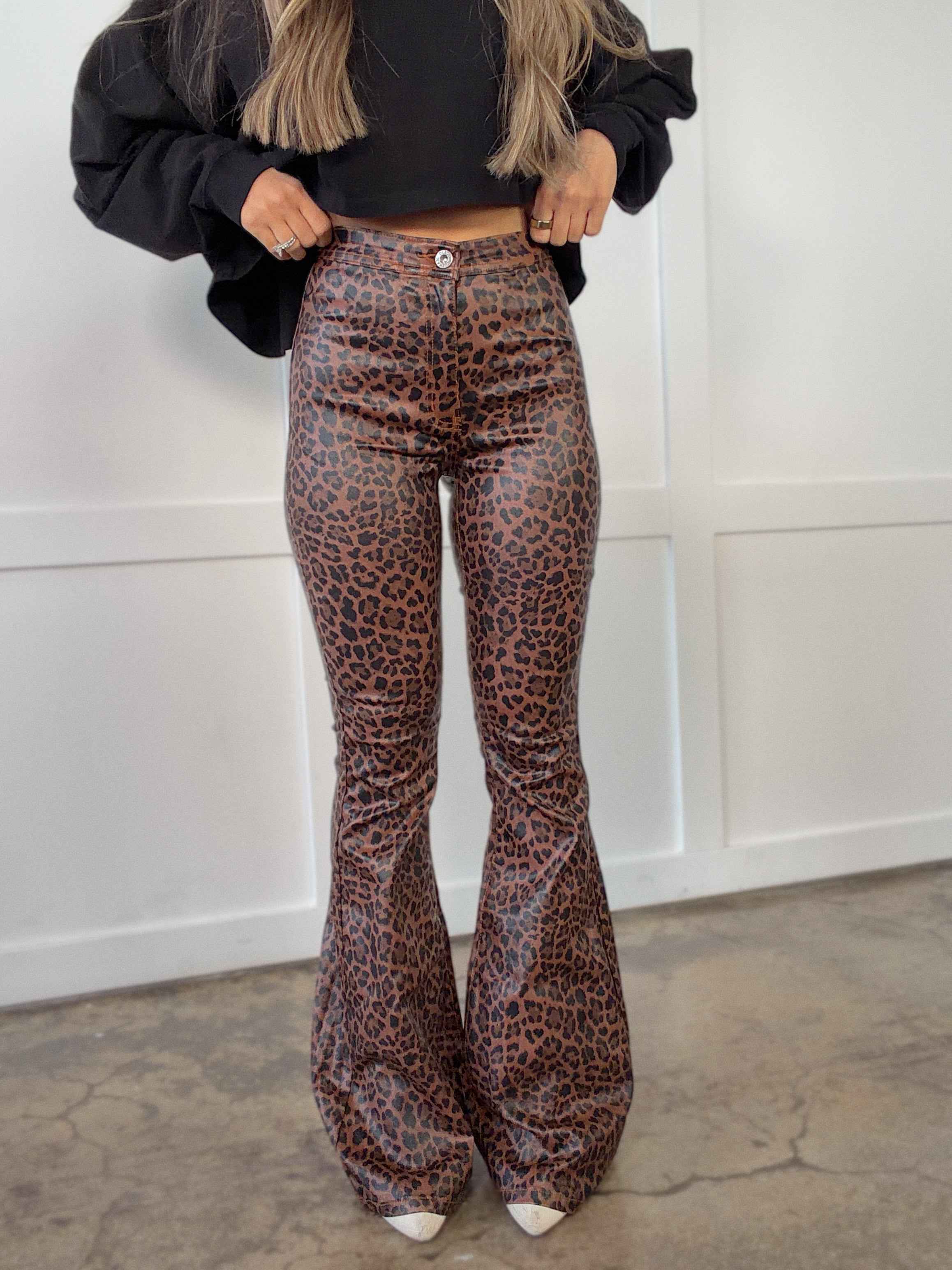Fiona High Waisted Bell Bottom Flare Jeans - Desert Brown Leopard