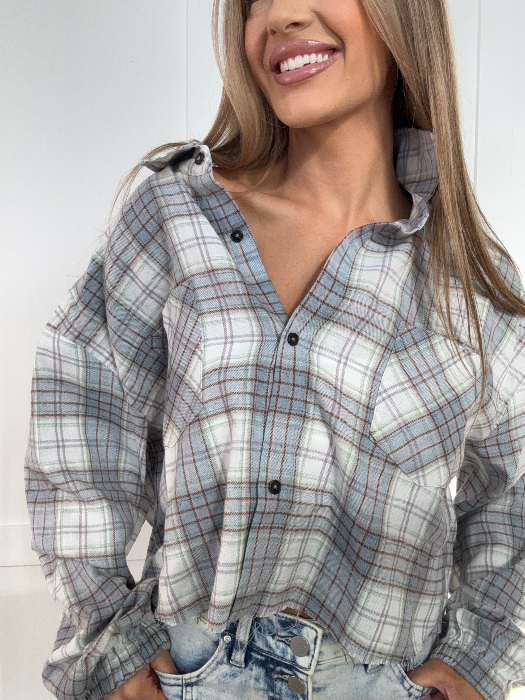 Rory Cropped Plaid Flannel in Light Blue