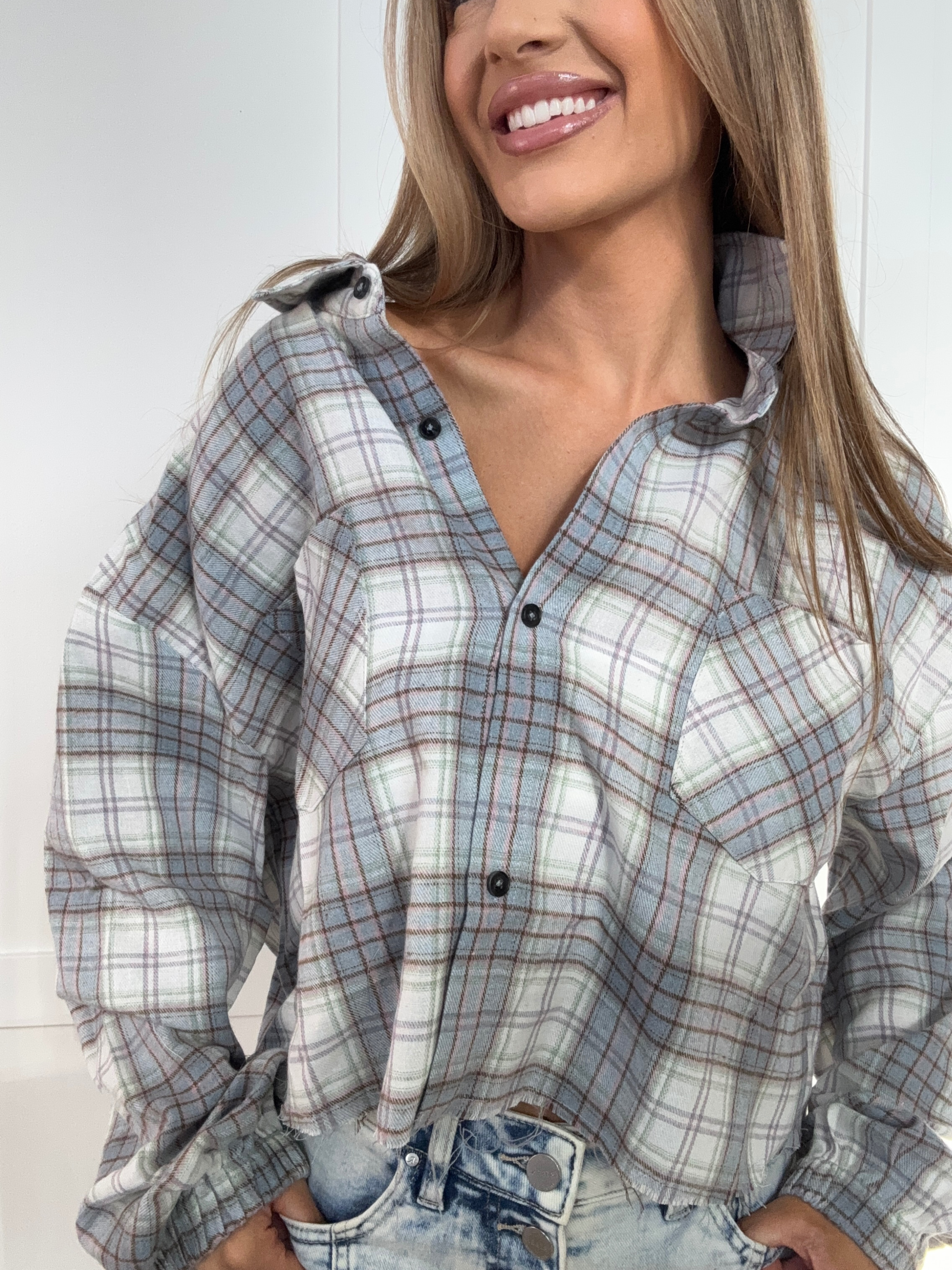 Rory Cropped Plaid Flannel – Raw Hem Button Down