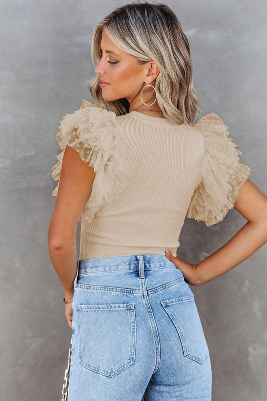 Slim Fit Mesh Sleeve Ribbed Top – Summer Solid Color Casual Blouse