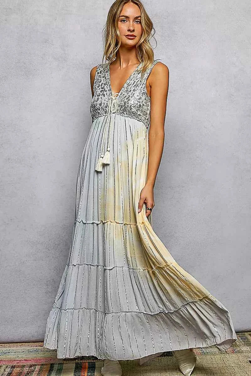POL Deep V Sleeveless Cotton Bohemian Tiered Maxi Dress