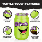 Set of four officially licensed Teenage Mutant Ninja Turtles 16-ounce glass drinking cups featuring Leonardo, Donatello, Michelangelo, and Raphael with reusable lids and straws.