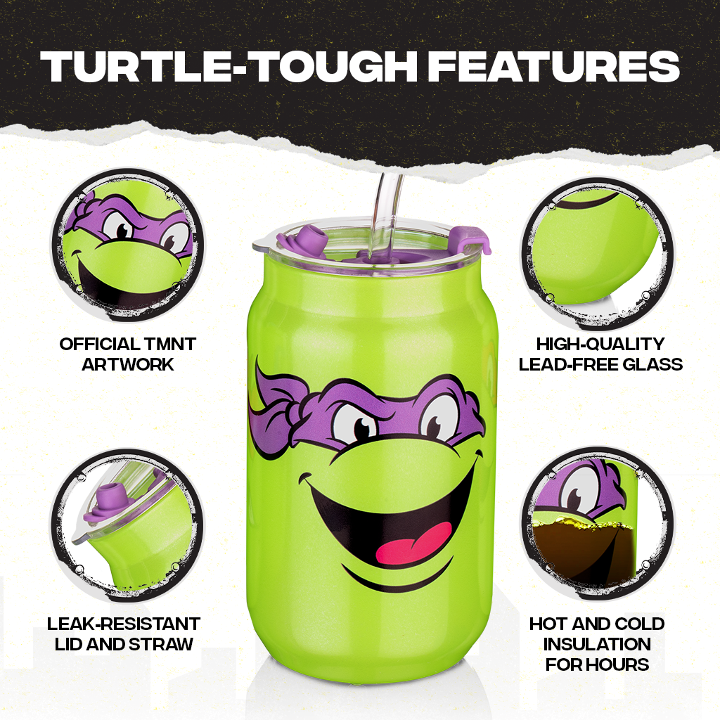 Set of four officially licensed Teenage Mutant Ninja Turtles 16-ounce glass drinking cups featuring Leonardo, Donatello, Michelangelo, and Raphael with reusable lids and straws.