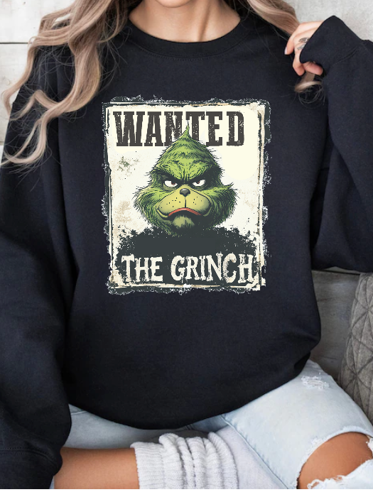 Holiday Mischief Wanted Grinch Inspired Graphic Crewneck in Black
