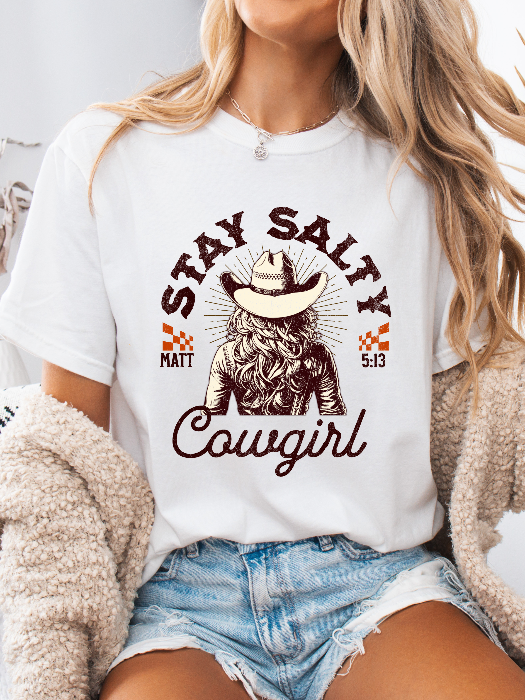 Stay Salty Christian Graphic Tee | Western Cowgirl Faith Shirt in White