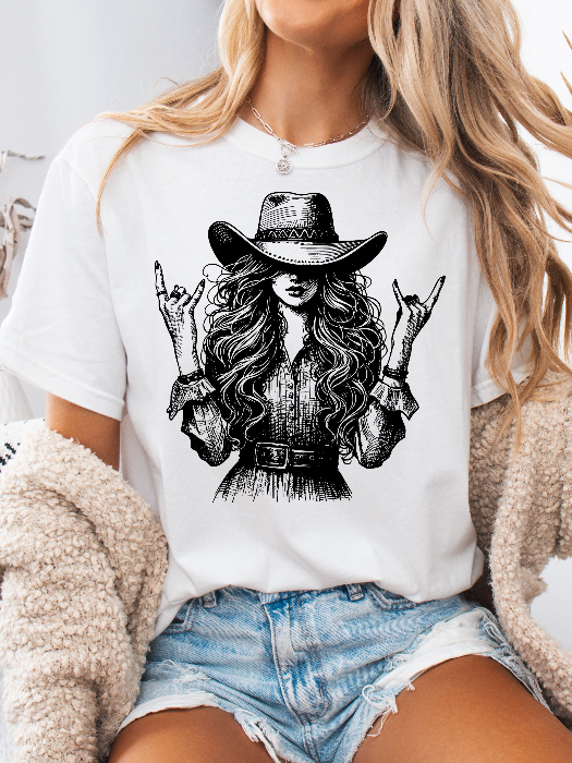 Women’s Lainey Cool Cowgirl graphic tee featuring an original Willow Boutique Western design on a relaxed-fit Comfort Colors® 100% cotton T-shirt in White