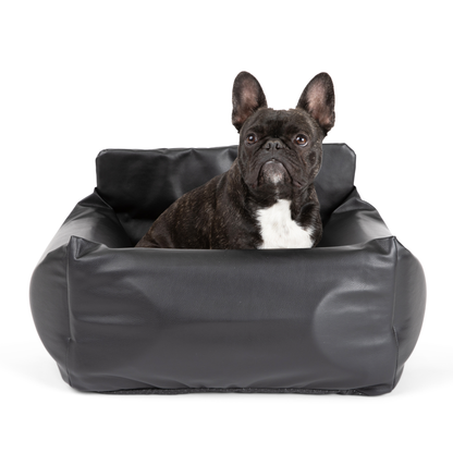 PupProtector™ Faux Leather Dog Car Bed – Memory Foam Booster Seat with Safety Straps, Waterproof Liner & Removable Cover -  Black