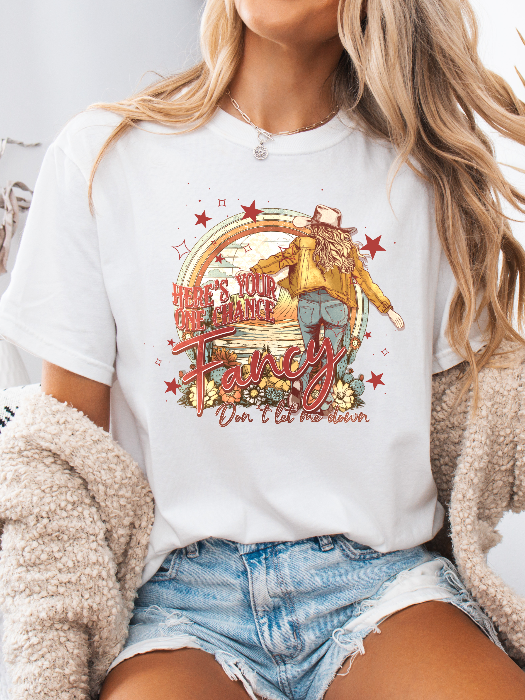 Women’s Fancy graphic tee featuring a Here’s Your One Chance Fancy country-inspired design on a relaxed-fit Comfort Colors® 100% cotton T-shirt in White