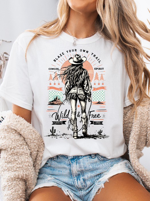 Women’s Blaze Your Own Trail Western graphic tee featuring an original Willow Boutique cowgirl design on a relaxed-fit Comfort Colors® 100% cotton T-shirt in White