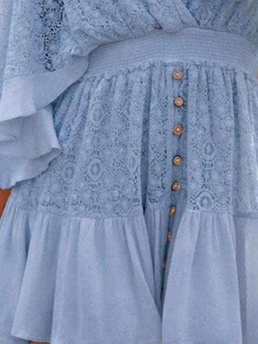 Hope Ruffle Hem Lace Mini Dress featuring delicate lace detailing, a flowy silhouette, feminine ruffle hem, and adjustable tie-back design, perfect for weddings, bridal showers, vacations, and spring or summer occasions. Color Light Blue