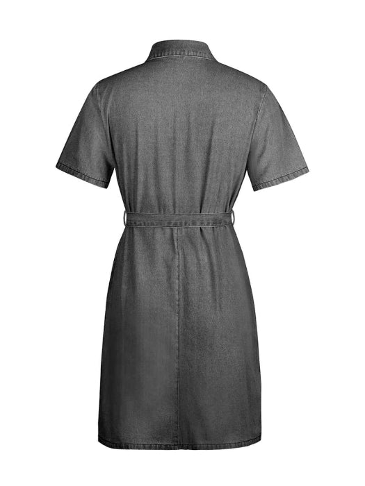 Fia Full Size Zip Front Short Sleeve Denim Dress (Available in Plus Size) in Color Dark Gray