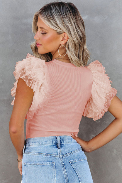 Slim Fit Mesh Sleeve Ribbed Top – Summer Solid Color Casual Blouse