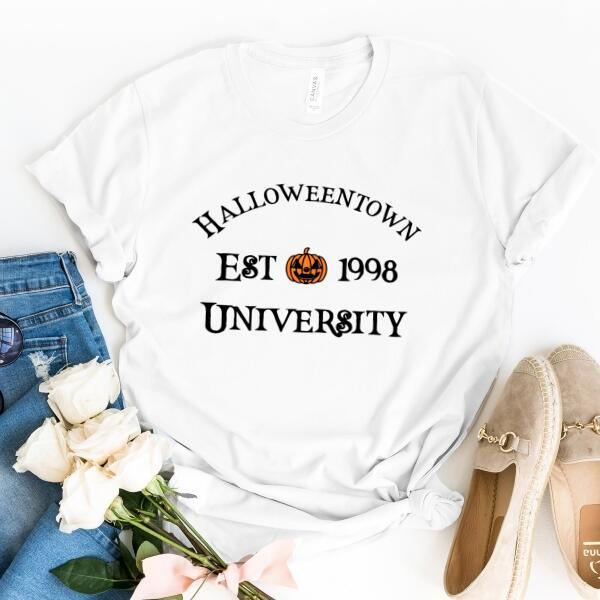 Halloweentown University Halloween T-Shirt featuring a collegiate-style spooky season graphic on a cozy crewneck in White