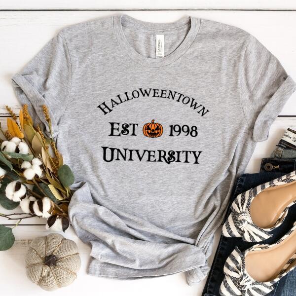 Halloweentown University Halloween T-Shirt featuring a collegiate-style spooky season graphic on a cozy crewneck in Grey