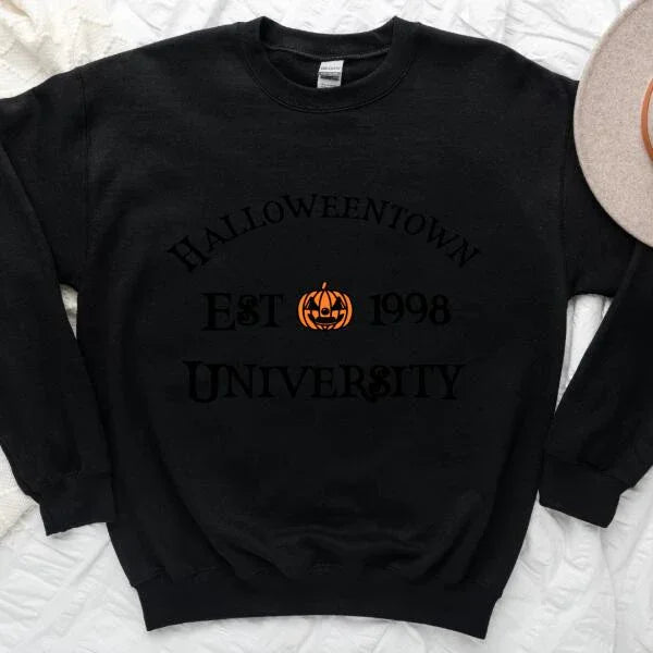 Halloweentown University Halloween sweatshirt featuring a collegiate-style spooky season graphic on a cozy crewneck in Black