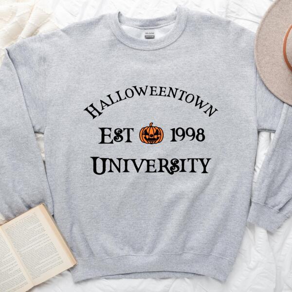 Halloweentown University Halloween sweatshirt featuring a collegiate-style spooky season graphic on a cozy crewneck in Grey