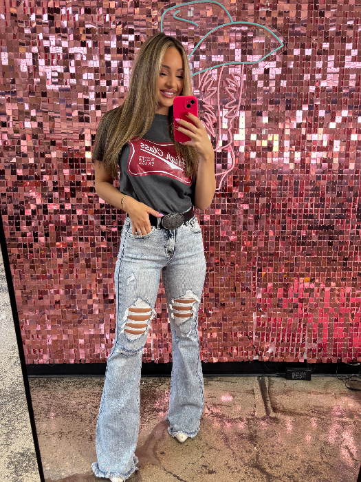Viral Lainey Tummy Control Flare Jeans – High Waisted Distressed Denim in Acid Light Wash