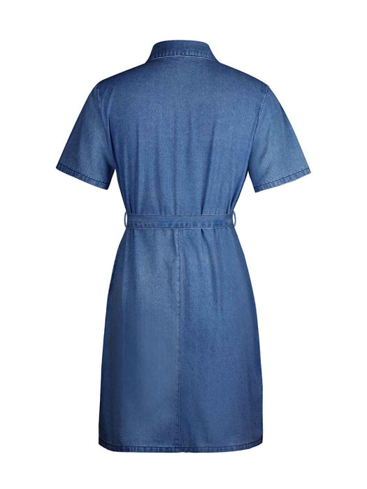 Fia Full Size Zip Front Short Sleeve Denim Dress (Available in Plus Size) in Color Dark Blue