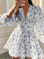 Sarina Lace Detail V-Neck Balloon Sleeve Dress featuring delicate lace accents, elegant balloon sleeves, a flattering V-neckline, and a flowy silhouette, perfect for weddings, bridal showers, church, and special occasions. 