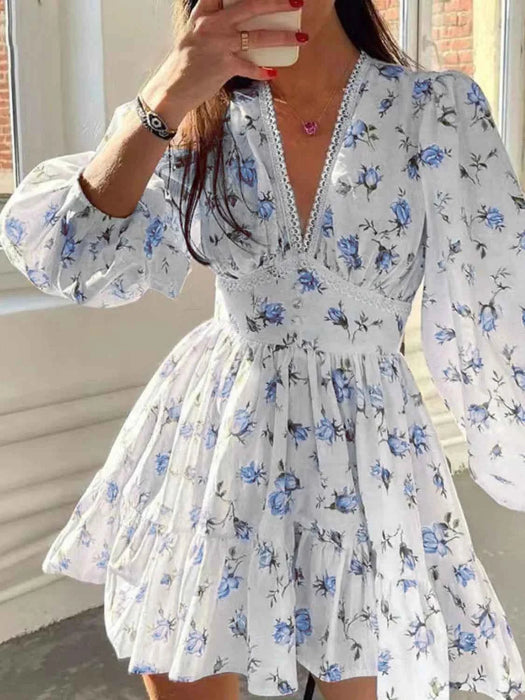Sarina Lace Detail V-Neck Balloon Sleeve Dress featuring delicate lace accents, elegant balloon sleeves, a flattering V-neckline, and a flowy silhouette, perfect for weddings, bridal showers, church, and special occasions. 