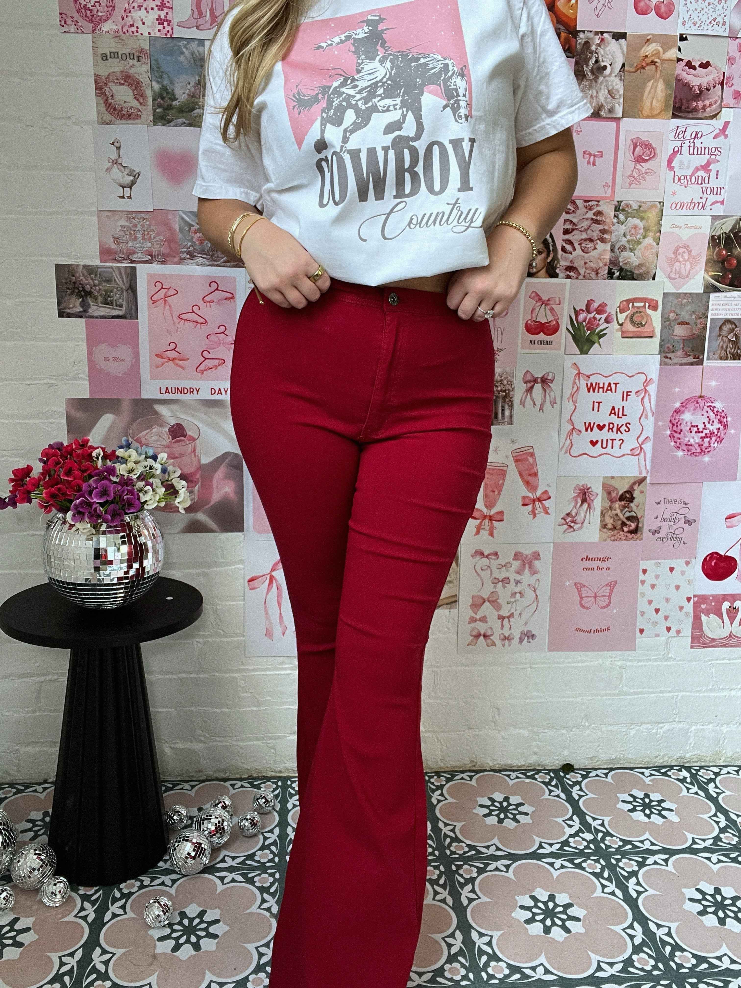 Fiona High Waisted Bell Bottom Flare Jeans – Burgundy