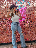 Viral Lainey Tummy Control Flare Jeans – High Waisted Distressed Denim