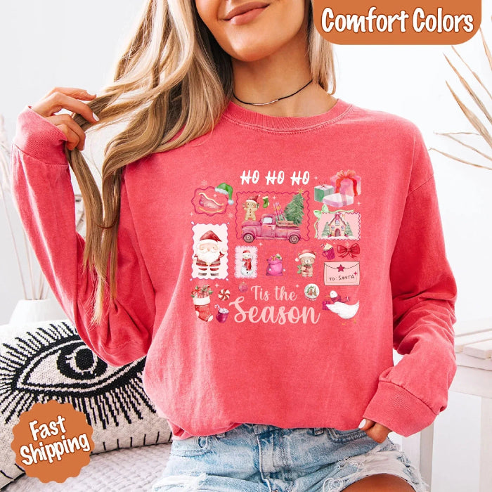 Comfort Colors Ho Ho Ho ’Tis The Season long sleeve Christmas shirt featuring a festive holiday graphic on a relaxed garment-dyed 100% cotton tee in Watermelon