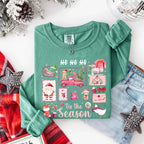 Comfort Colors Ho Ho Ho ’Tis The Season long sleeve Christmas shirt featuring a festive holiday graphic on a relaxed garment-dyed 100% cotton tee in Light Green