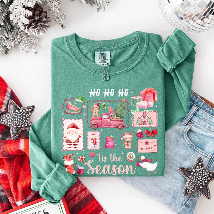 Comfort Colors Ho Ho Ho ’Tis The Season long sleeve Christmas shirt featuring a festive holiday graphic on a relaxed garment-dyed 100% cotton tee in Light Green