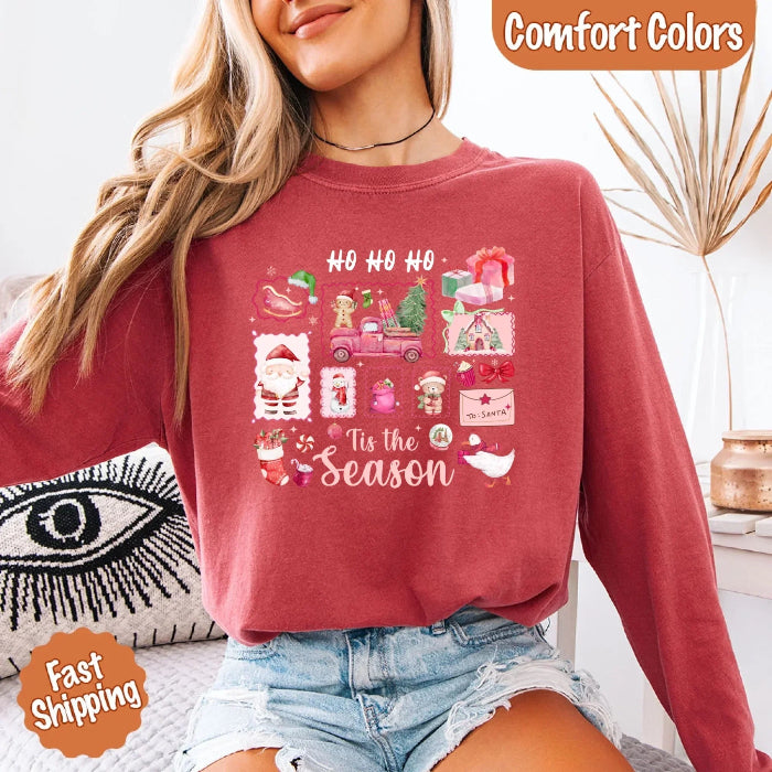 Comfort Colors Ho Ho Ho ’Tis The Season long sleeve Christmas shirt featuring a festive holiday graphic on a relaxed garment-dyed 100% cotton tee in Crimson