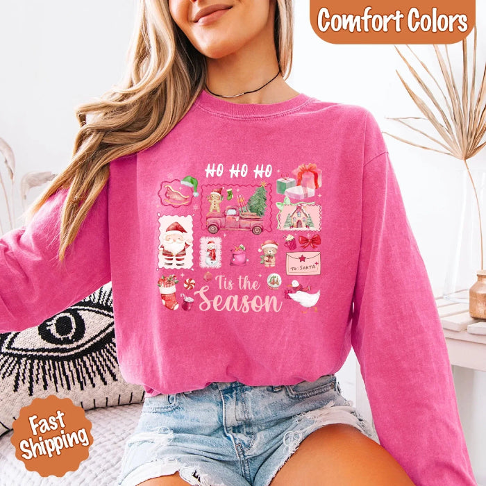 Comfort Colors Ho Ho Ho ’Tis The Season long sleeve Christmas shirt featuring a festive holiday graphic on a relaxed garment-dyed 100% cotton tee in Crunchberry