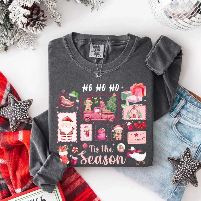 Comfort Colors Ho Ho Ho ’Tis The Season long sleeve Christmas shirt featuring a festive holiday graphic on a relaxed garment-dyed 100% cotton tee in Pepper