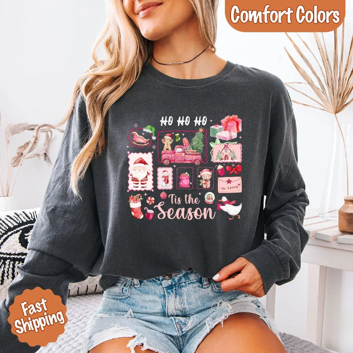 Comfort Colors Ho Ho Ho ’Tis The Season long sleeve Christmas shirt featuring a festive holiday graphic on a relaxed garment-dyed 100% cotton tee in Pepper