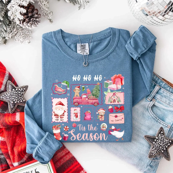 Comfort Colors Ho Ho Ho ’Tis The Season long sleeve Christmas shirt featuring a festive holiday graphic on a relaxed garment-dyed 100% cotton tee in Blue Jean