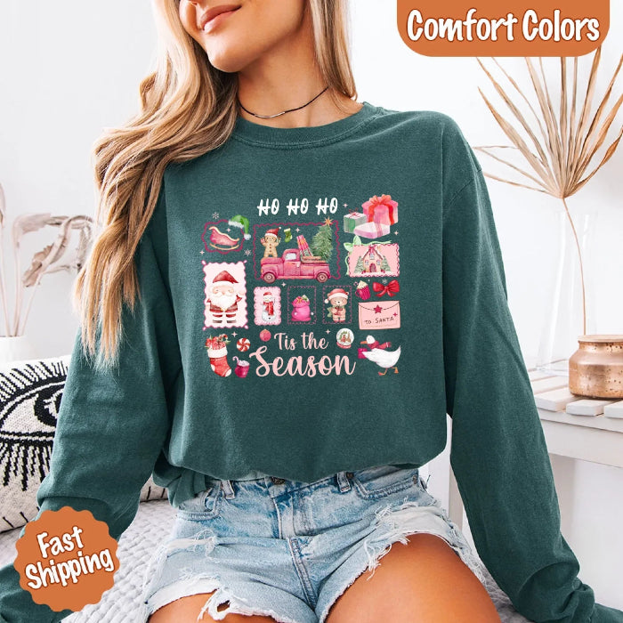 Comfort Colors Ho Ho Ho ’Tis The Season long sleeve Christmas shirt featuring a festive holiday graphic on a relaxed garment-dyed 100% cotton tee in Blue Spruce