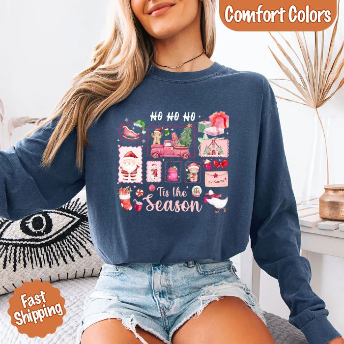 Comfort Colors Ho Ho Ho ’Tis The Season long sleeve Christmas shirt featuring a festive holiday graphic on a relaxed garment-dyed 100% cotton tee in Denim