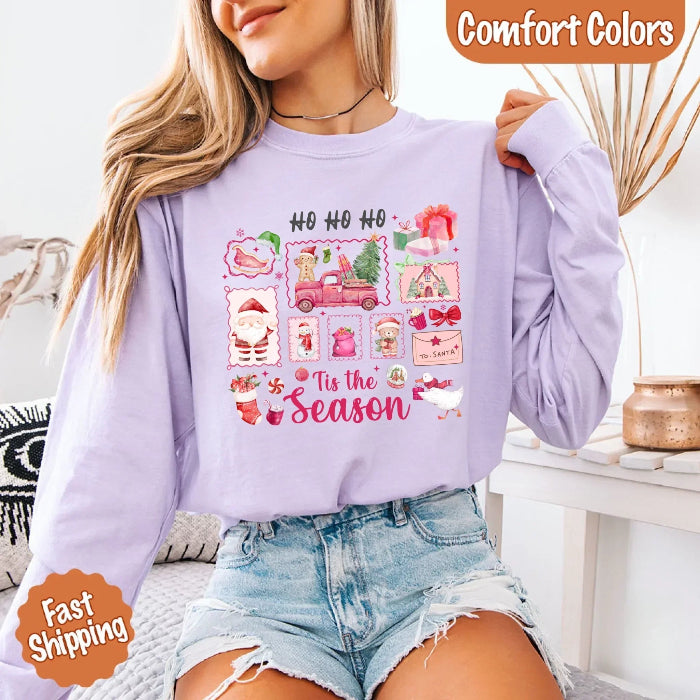 Comfort Colors Ho Ho Ho ’Tis The Season long sleeve Christmas shirt featuring a festive holiday graphic on a relaxed garment-dyed 100% cotton tee in Orchid