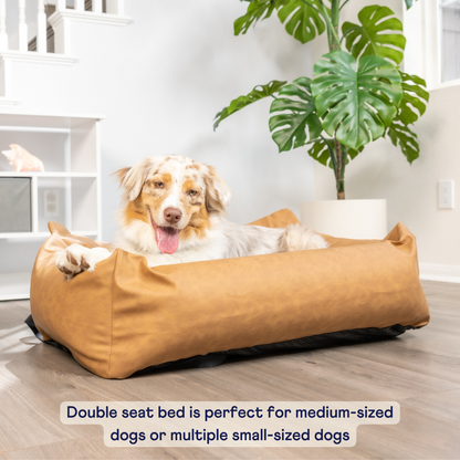 PupProtector™ Faux Leather Dog Car Bed – Memory Foam Booster Seat with Safety Straps, Waterproof Liner & Removable Cover - Camel