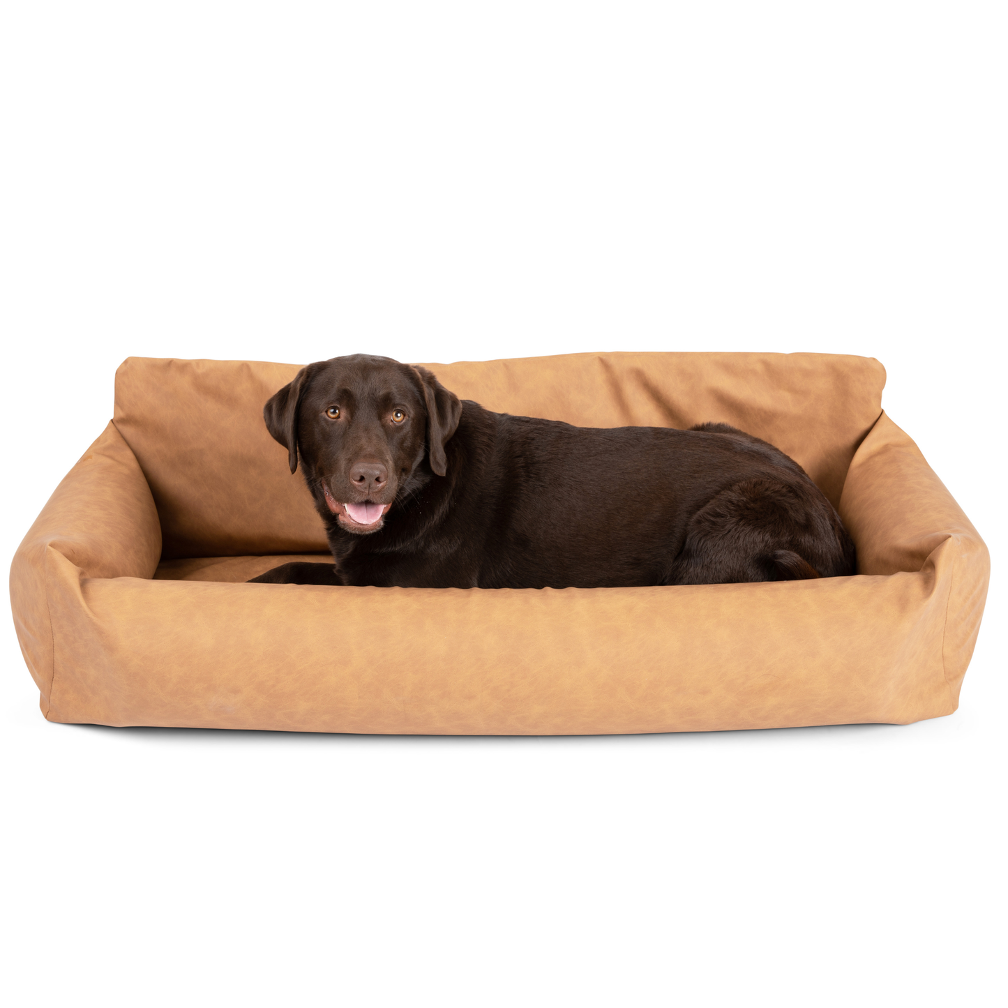 PupProtector™ Faux Leather Dog Car Bed – Memory Foam Booster Seat with Safety Straps, Waterproof Liner & Removable Cover - Camel