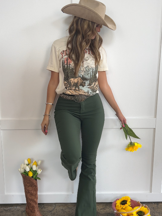 Fiona High Waisted Bell Bottom Flare Jeans – Olive Stretch Denim