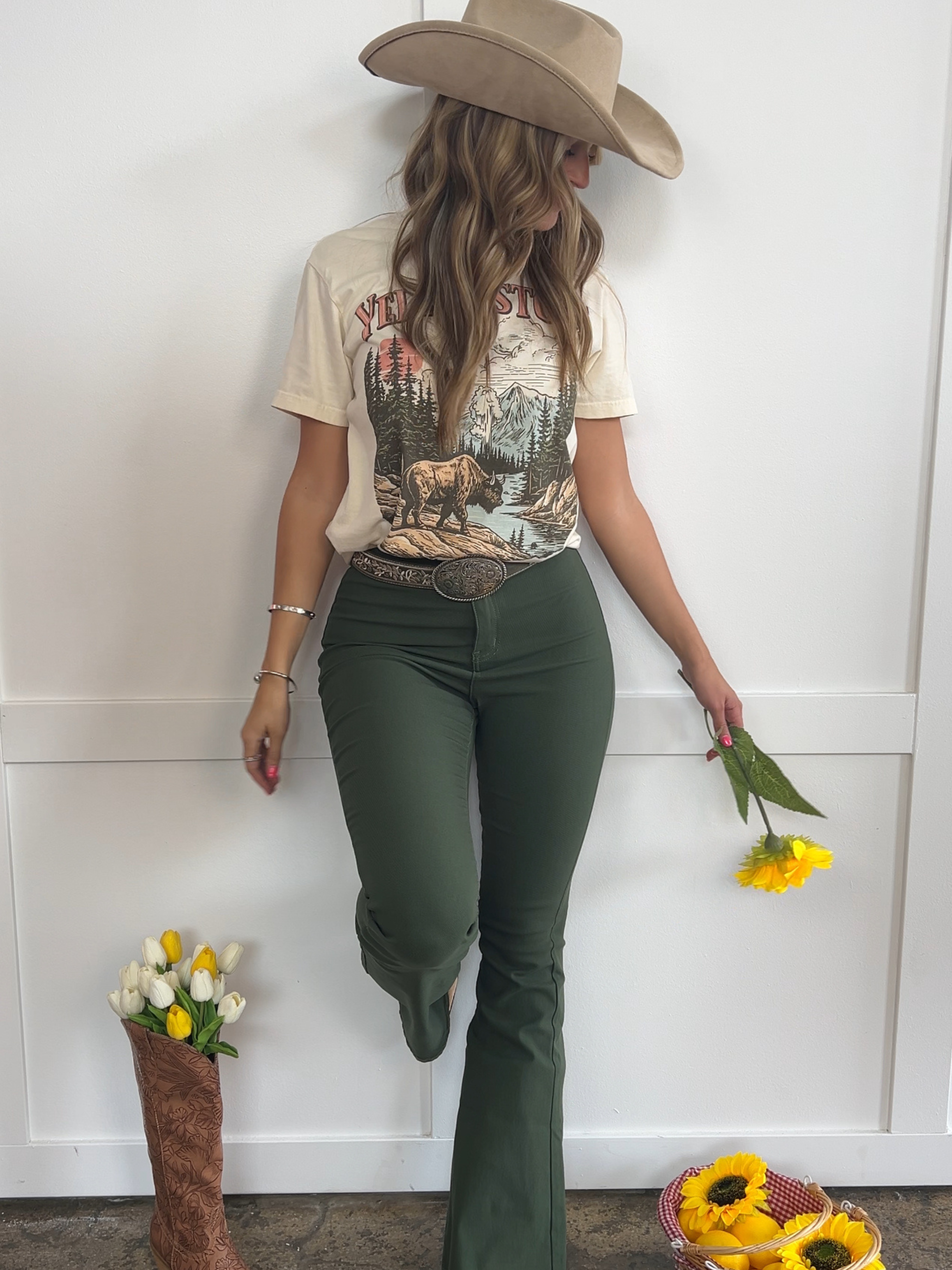 Fiona High Waisted Bell Bottom Flare Jeans – Olive Stretch Denim