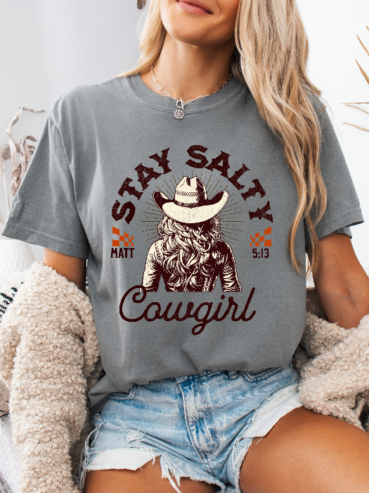 Stay Salty Christian Graphic Tee | Western Cowgirl Faith Shirt in Grey