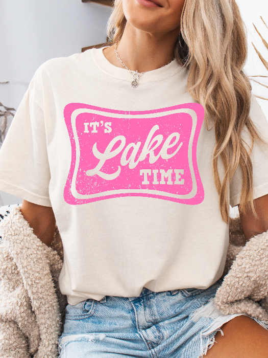 Lake Lake Time Graphic Tee printed on premium Comfort Colors 100% cotton featuring an exclusive Willow Boutique design, perfect for lake weekends, boating, camping, and relaxed summer style. TShirt in White