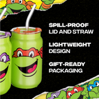 Set of four officially licensed Teenage Mutant Ninja Turtles 16-ounce glass drinking cups featuring Leonardo, Donatello, Michelangelo, and Raphael with reusable lids and straws.