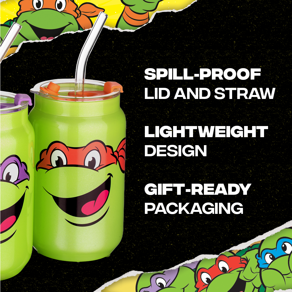 Set of four officially licensed Teenage Mutant Ninja Turtles 16-ounce glass drinking cups featuring Leonardo, Donatello, Michelangelo, and Raphael with reusable lids and straws.