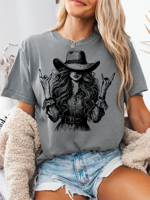 Women’s Lainey Cool Cowgirl graphic tee featuring an original Willow Boutique Western design on a relaxed-fit Comfort Colors® 100% cotton T-shirt in Grey