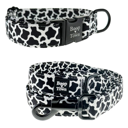 Spotted Cow Dog Collar & Leash Set – Adjustable Cotton Walk Set with Black Hardware