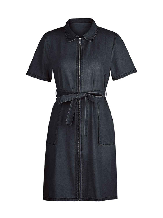 Fia Full Size Zip Front Short Sleeve Denim Dress (Available in Plus Size) in Color Black
