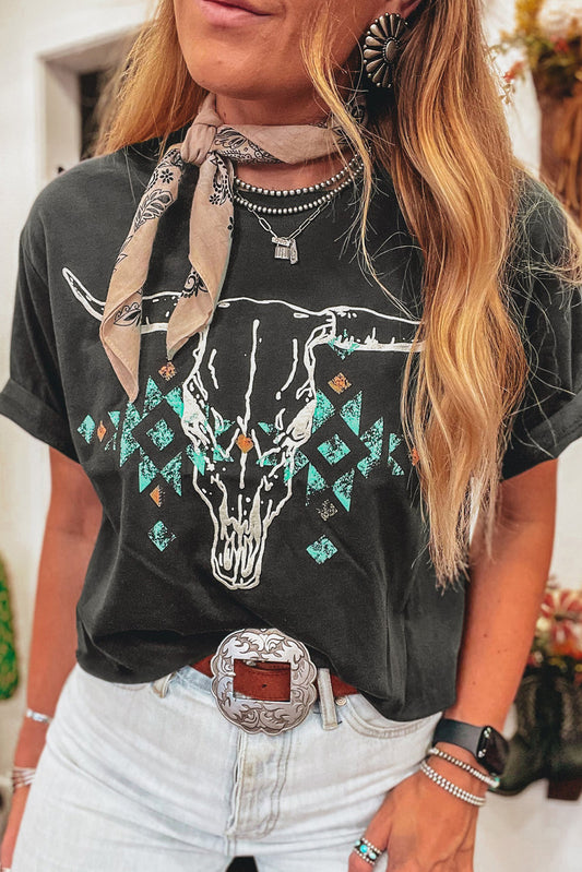 Vintage Western Bull Head Skull Turquoise Aztec Graphic T Shirt in Carbon Grey